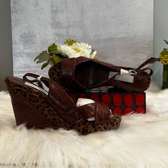 NEW RARE Spiegel Leather Platform Slingback Wedges Chocolate Leopard Sz 5.5 NWP - Picture 9 of 16